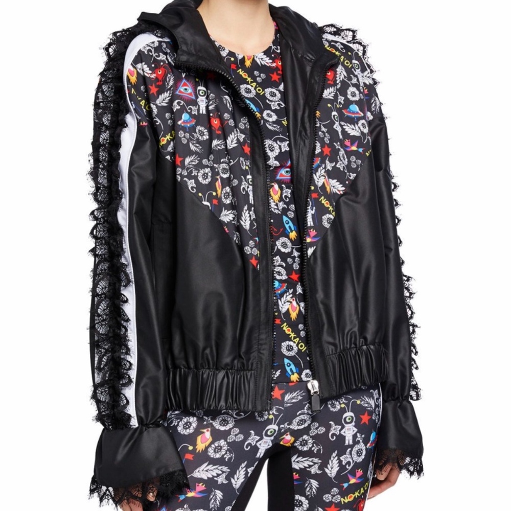 NO KA'OI LACE DETAIL TRACK HOODED JACKET. SIZE: S.